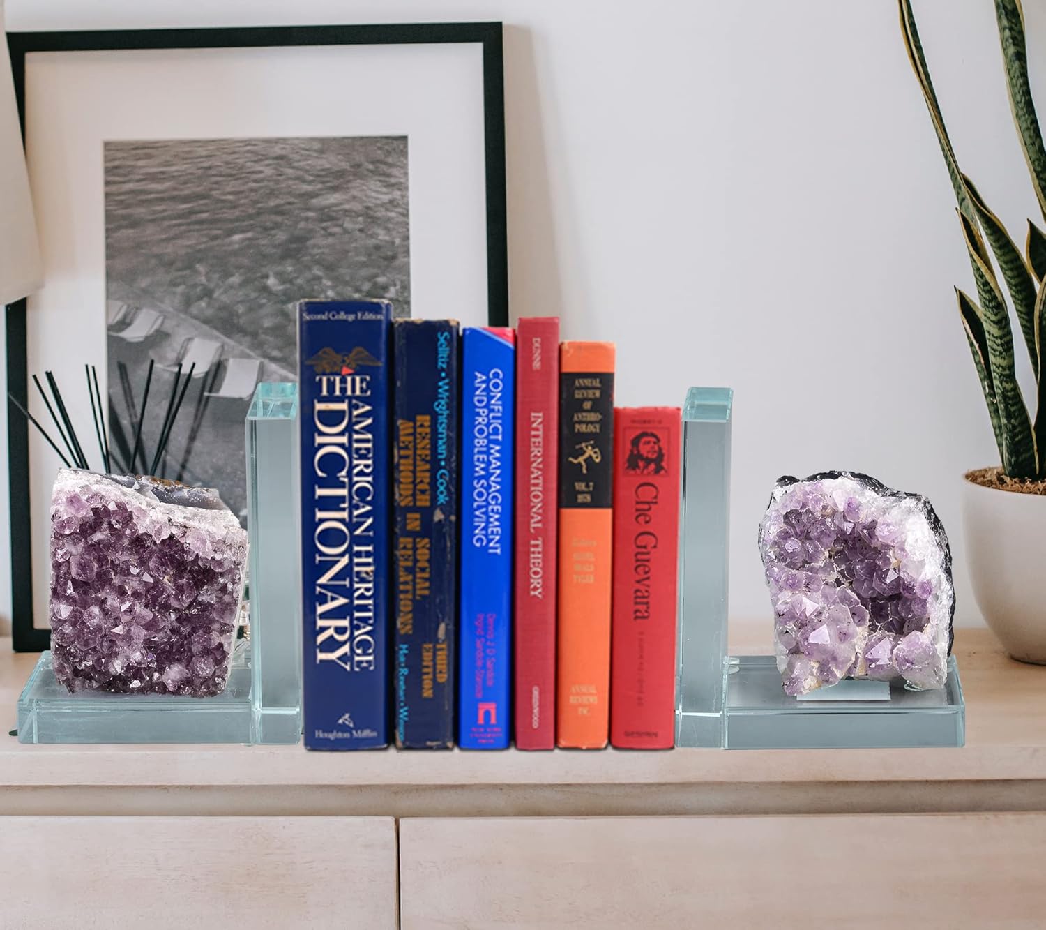 AMOYSTONE Heavy-Duty Amethyst L-Shaped Glass Bookends, 1 Pair (4-6 LBS) – Stylish Decorative Bookends for Shelves with Non-Skid Base, Multi-Functional Home Office Book Support