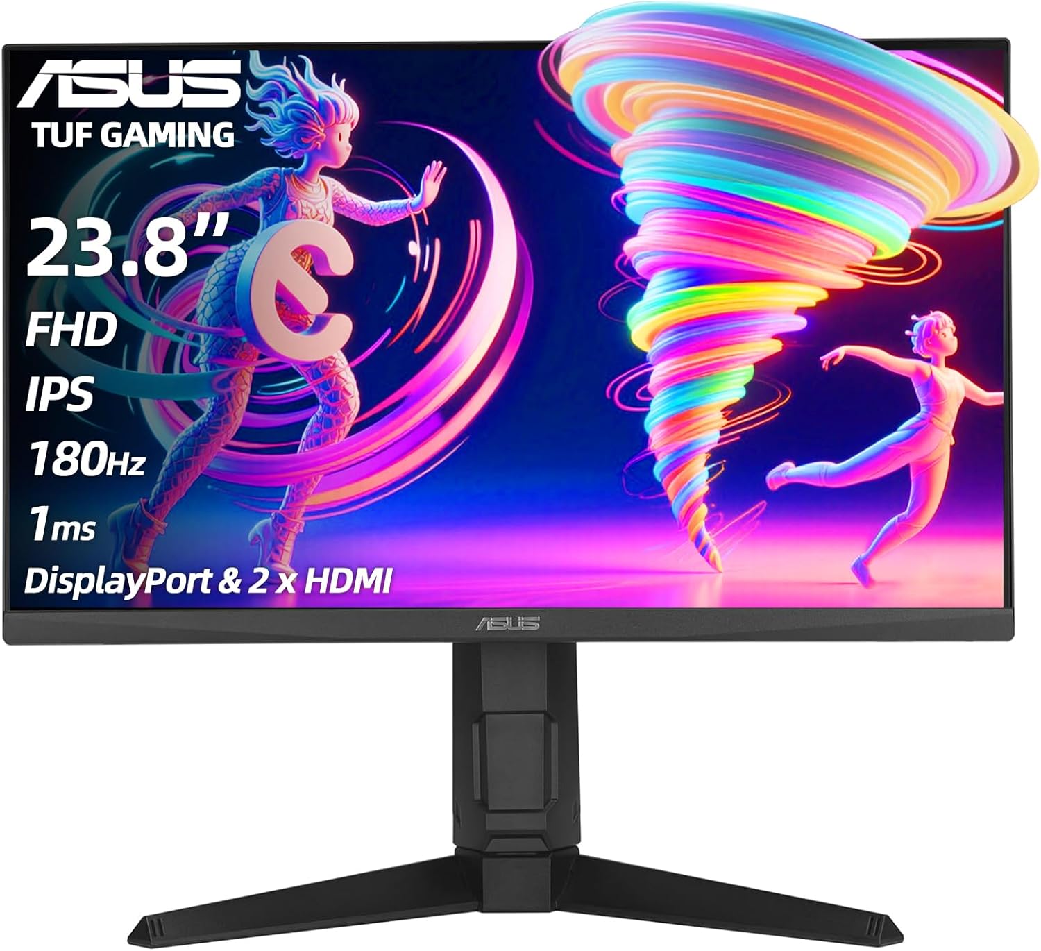 ASUS TUF Gaming 24" Monitor, 180Hz, 1ms, IPS, Full HD, ELMB, FreeSync Premium, G-SYNC Compatible, Speakers, DisplayPort & 2 x HDMI, Height/Tilt/Pivot/Swivel Adjustability, Wall Mountable, Black