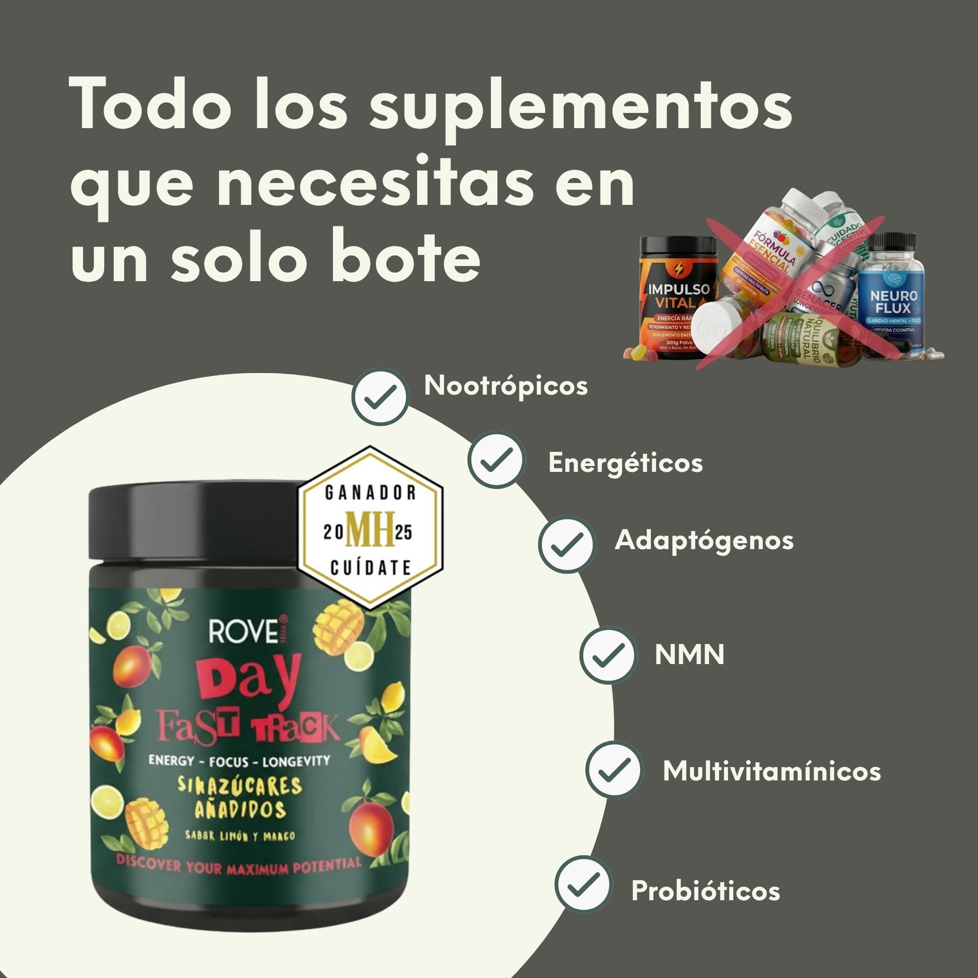 Fórmula Todo en Uno de Energía, Enfoque y Longevidad, Sin Azúcar, con Ashwagandha KSM-66, Cordyceps, Melena de León, Vitaminas y Probióticos – Day Fast Track | Rove Vital