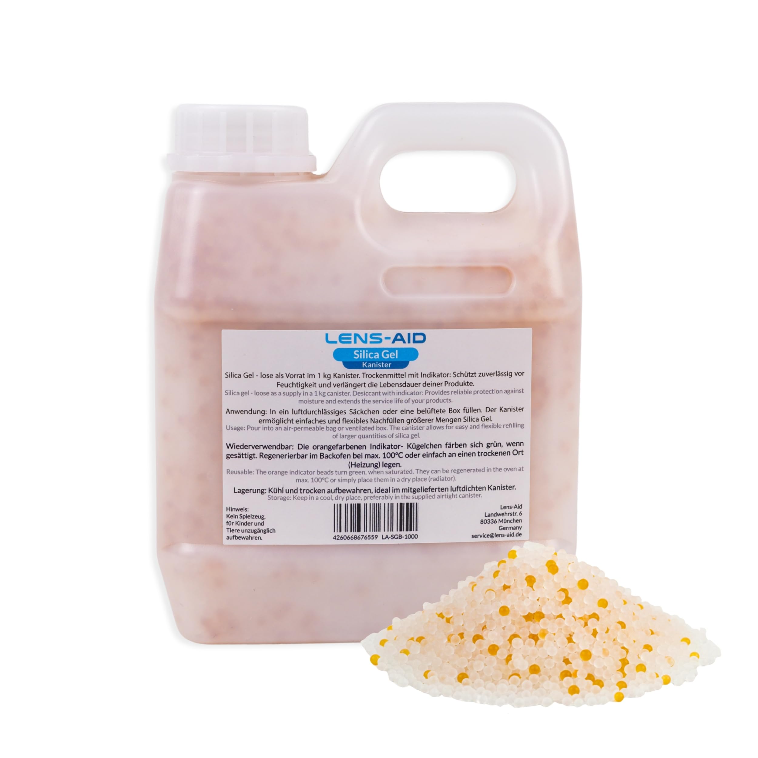 Lens-Aid gel di silice 2 kg contenitore perle essiccanti | Indicatore arancio-verde, perle grosse, dosaggio flessibile, rigenerabile in forno, filamento 3D