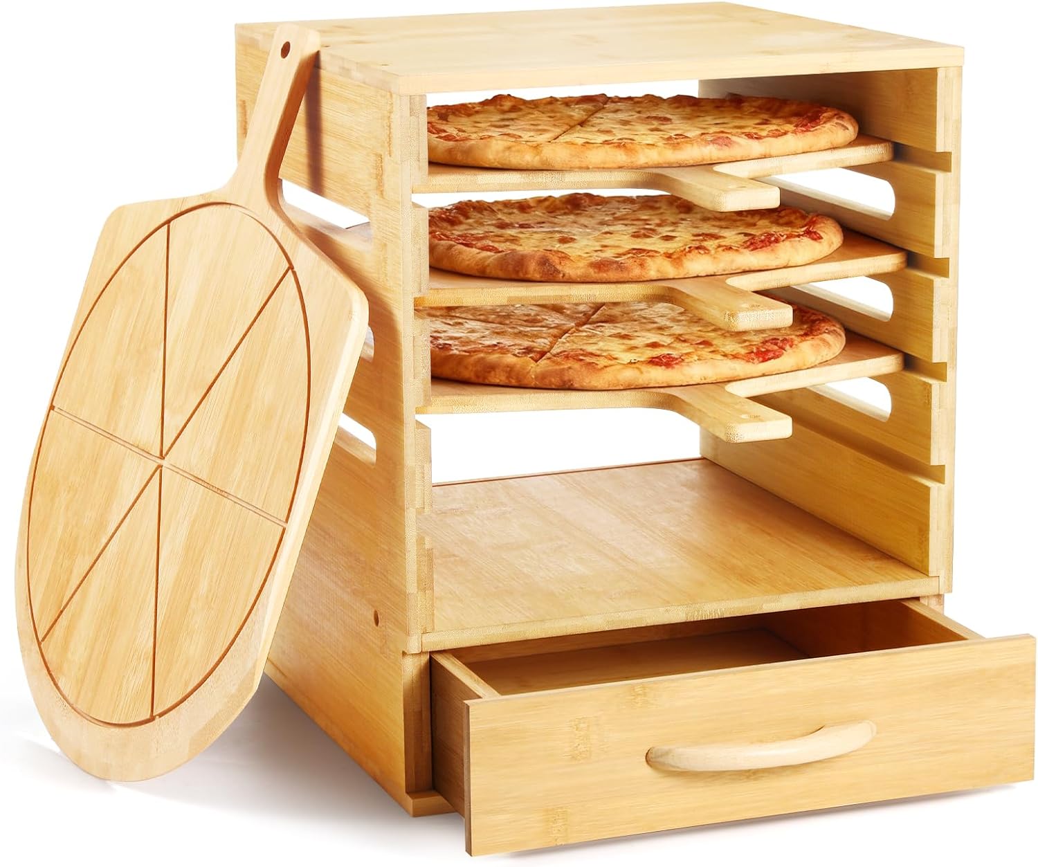 Wood Pizza Peel Rack with Spice Drawer,Includes 4 x 12 Inch Non-Stick Bamboo Pizza Boards with 6 Slice Grooves,Real Wood Pizza Paddle Stand for Making Pizza or Bread Pie