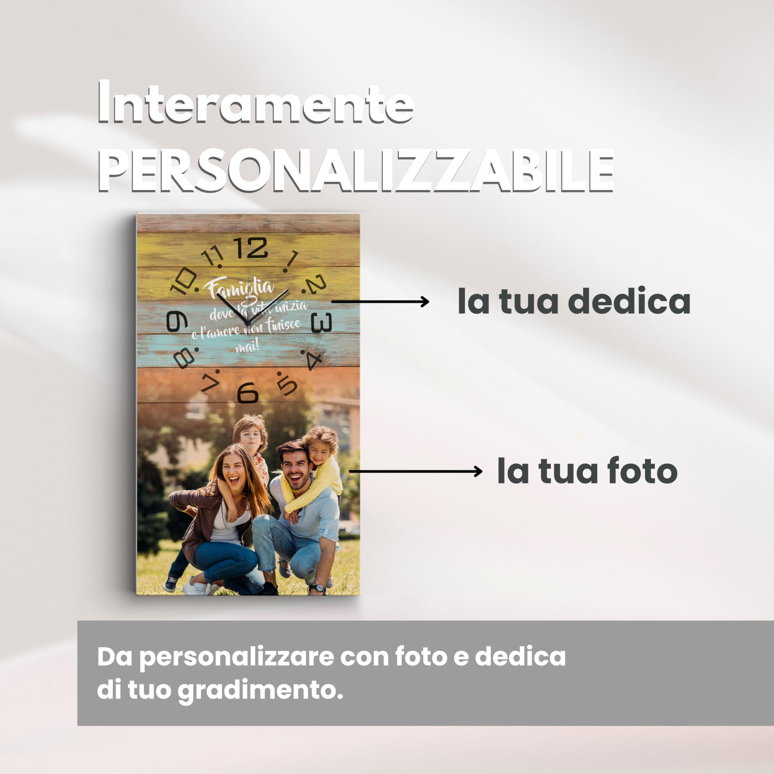 dodda - Quadro Personalizzato con Foto, Testo e Orologio con stampa in HD - Stampa Foto su Tela Personalizzata - Photo Clock Legno Colorato