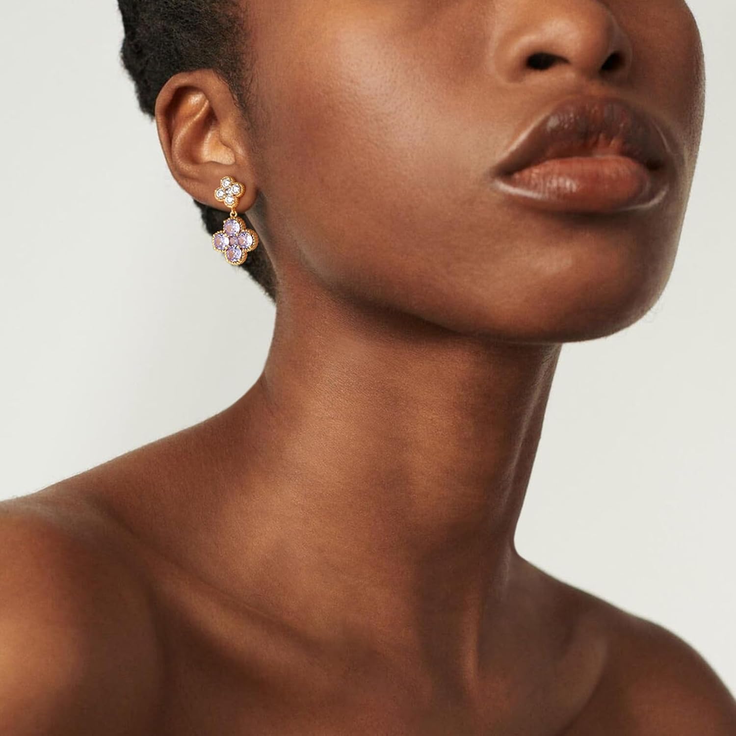 14K Gold Plated Double Plum Blossom Dangle Birthstone Four Leaf Clover Stud Earrings for Women, Hypoallergenic Drop Trendy Dainty Gold Earrings Birthday Gifts - Image 7