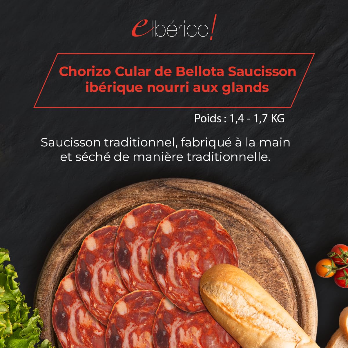 Chorizo ​​​​Cular Bellota Ibérique Moyen - Préparation Traditionnelle, Affiné pendant 4-6 mois - Saveur Intense - Convient aux Coeliaques - Entre 600 et 750 g 1,4 – 1,7 KG - EIbérico