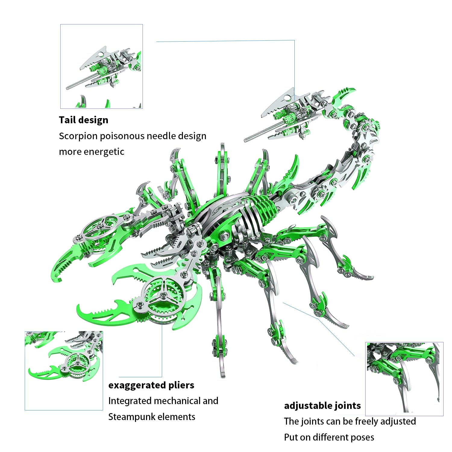 Puzzle 3D in metallo con scorpione meccanico Scorpion King, kit modello in metallo - Acciaio inossidabile 304, strumenti e istruzioni esperti, blocchi da costruzione per adulti (verde)