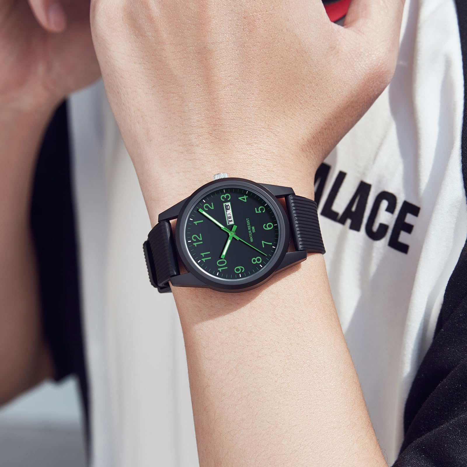 findtime Montre analogique à quartz pour homme et femme - Étanche jusqu'à 50 m - Bracelet en silicone - Montre décontractée pour adolescents - Avec date, jour de la semaine, aiguilles lumineuses