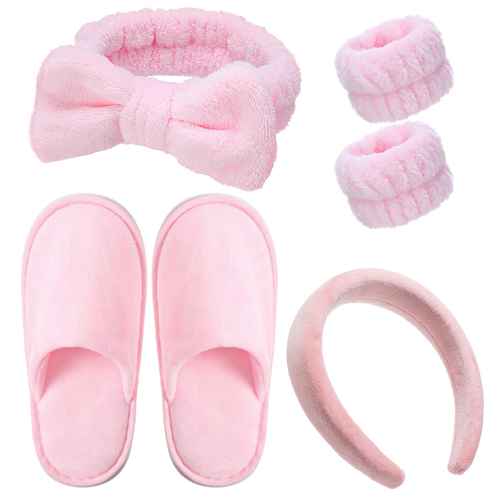Twistover 6 Pcs Pink Spa Wrist Bands Set for Girls Kids New Years Gifts with Disposable Slipper Bow Headband White Gift Box Raffia Grass Hair
