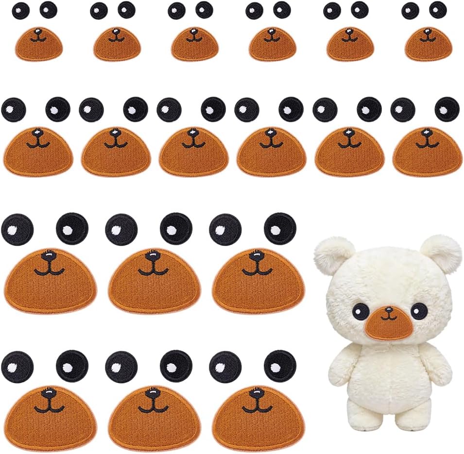 PH PandaHall 18 Sets Teddy Bear Iron on Patches, 3 Sizes Bear Eyes Mouth Embroidery Patches Bears Face Decorative Patch Applique for Plushed Animal DIY Craft, Clothing Bags Hats Decoration