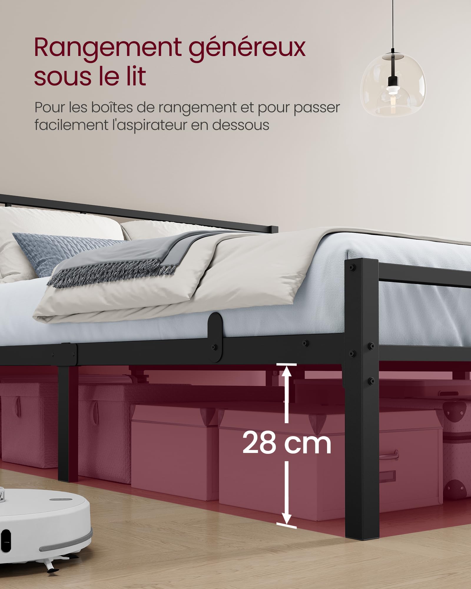 VASAGLE Cadre de Lit 140 x 190 cm avec Sommier, Tête de Lit, en Métal, Supporte Jusqu'à 500 kg, Montage Facile, pour Chambre, Noir d'encre RMB293B101
