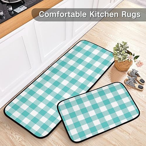 Miniatura 6 de Emelivor Buffalo - Juego de 2 alfombras y tapetes de cocina a cuadros, color verde azulado, antideslizantes, lavables, color turquesa, juego de 2