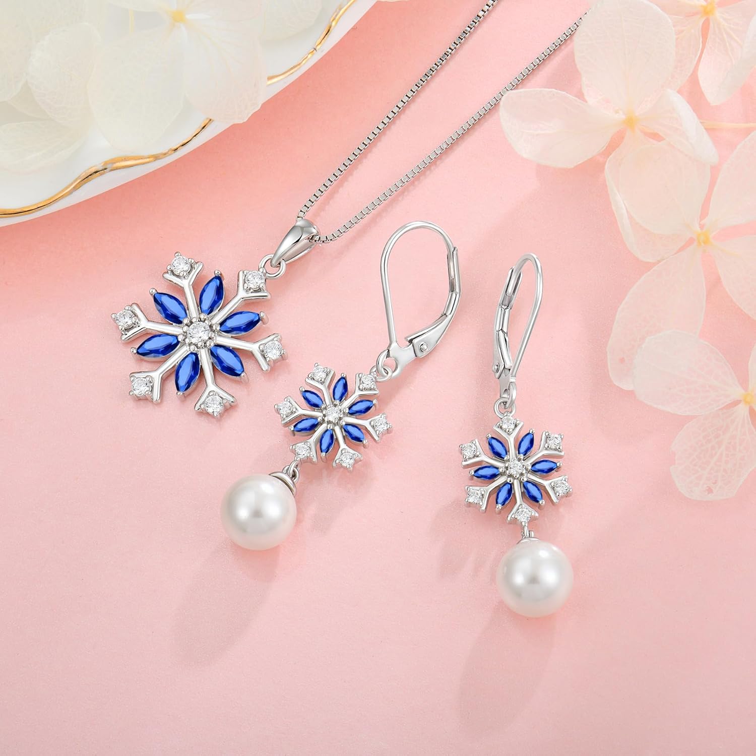 Snowflake Pearl Dangle Drop Earrings for Women 925 Sterling Silver 5A Cubic Zirconia Birthstone Hypoallergenic Leveback Earrings Jewelry Winter Christmas Birthday Gifts for Her