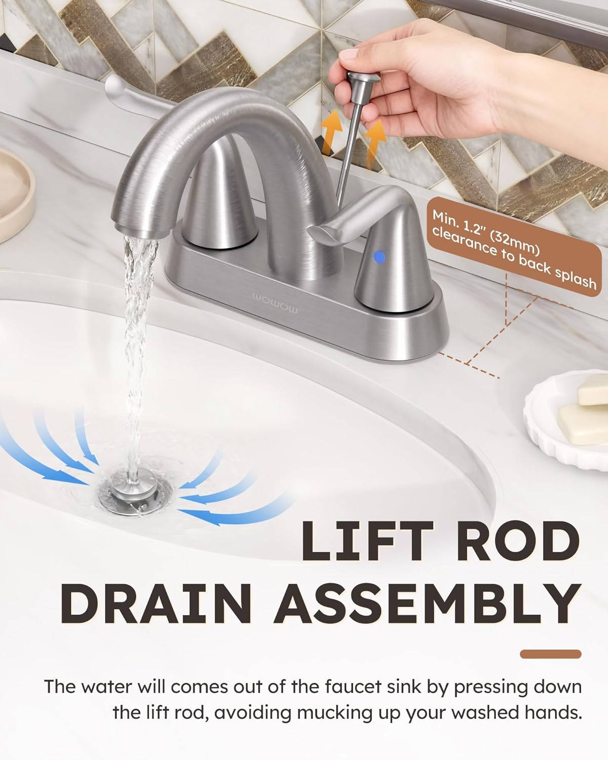 WOWOW Bathroom Faucet 2 Handle 4 Inch Centerset Bathroom Sink Faucet, Lead-Free Basin Mixer Tap with Lift Rod Drain Stopper, 2 Handle Centerset Lavatory Brushed Nickel Vanity Faucet