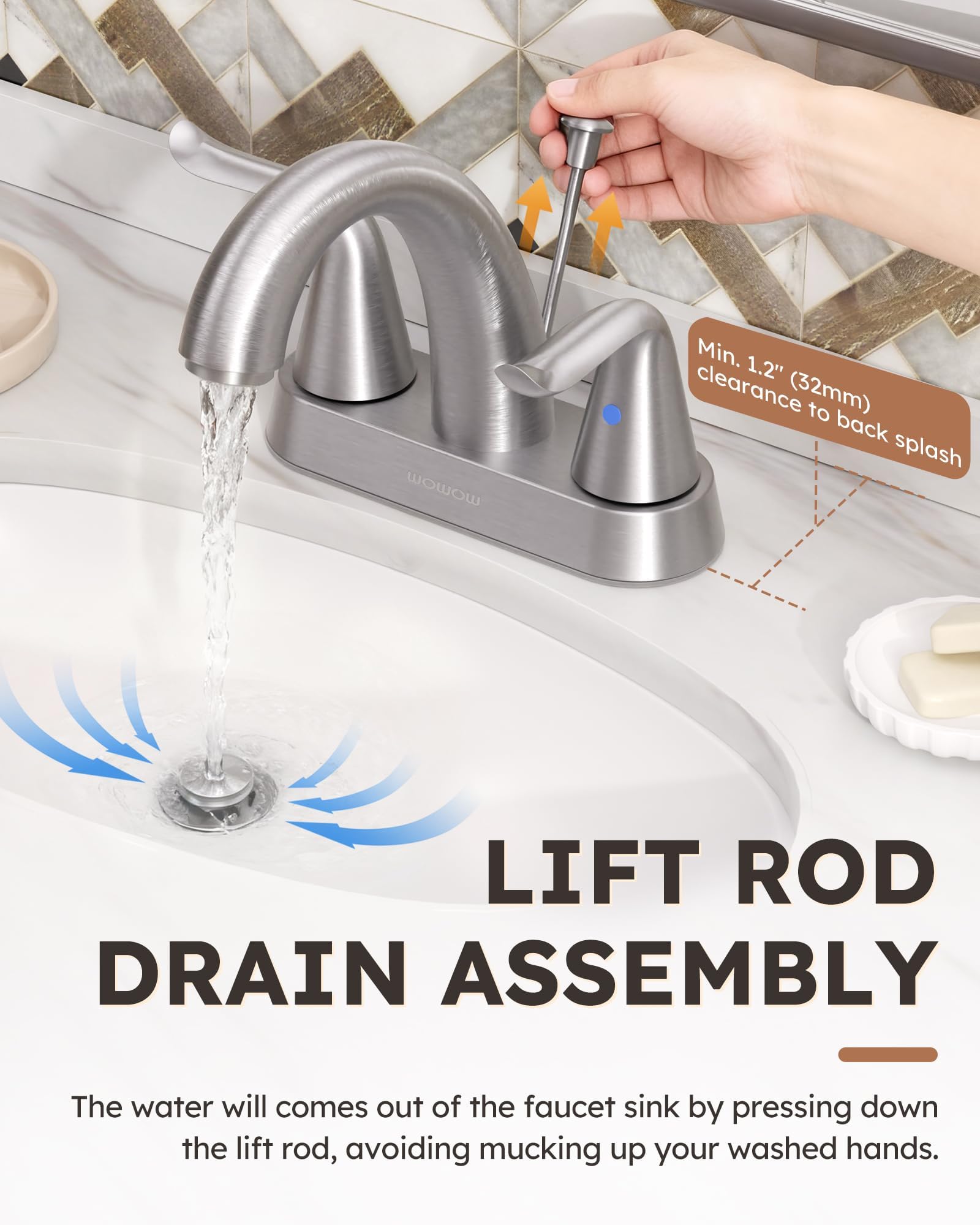 WOWOW Bathroom Faucet 2 Handle 4 Inch Centerset Bathroom Sink Faucet Lead-Free Basin Mixer Tap with Lift Rod — view 3