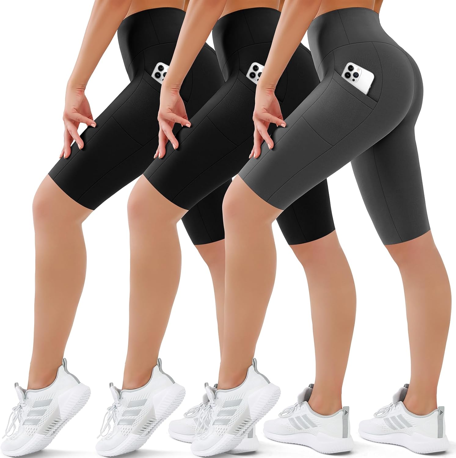 SUNCLOVE 3 Pack Biker Shorts for Women Tummy Control Workout Yoga Gym Running Shorts with Pockets