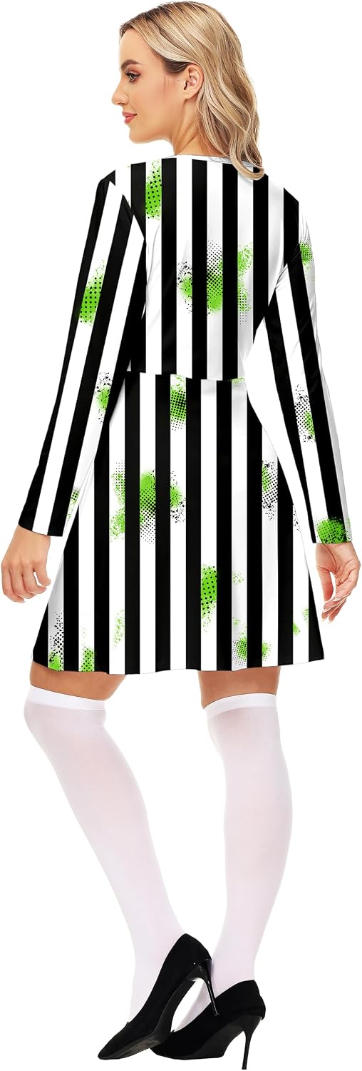 Remimi Halloween Black and White Stripe Costume Dress Cosplay Printed Outfits One Piece Dress