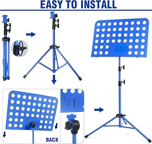 Miniatura 5 de lotmusic Soporte de música azul, soporte portátil para partituras, soporte de música plegable y ajustable en altura con bolsa, clip de partitura,