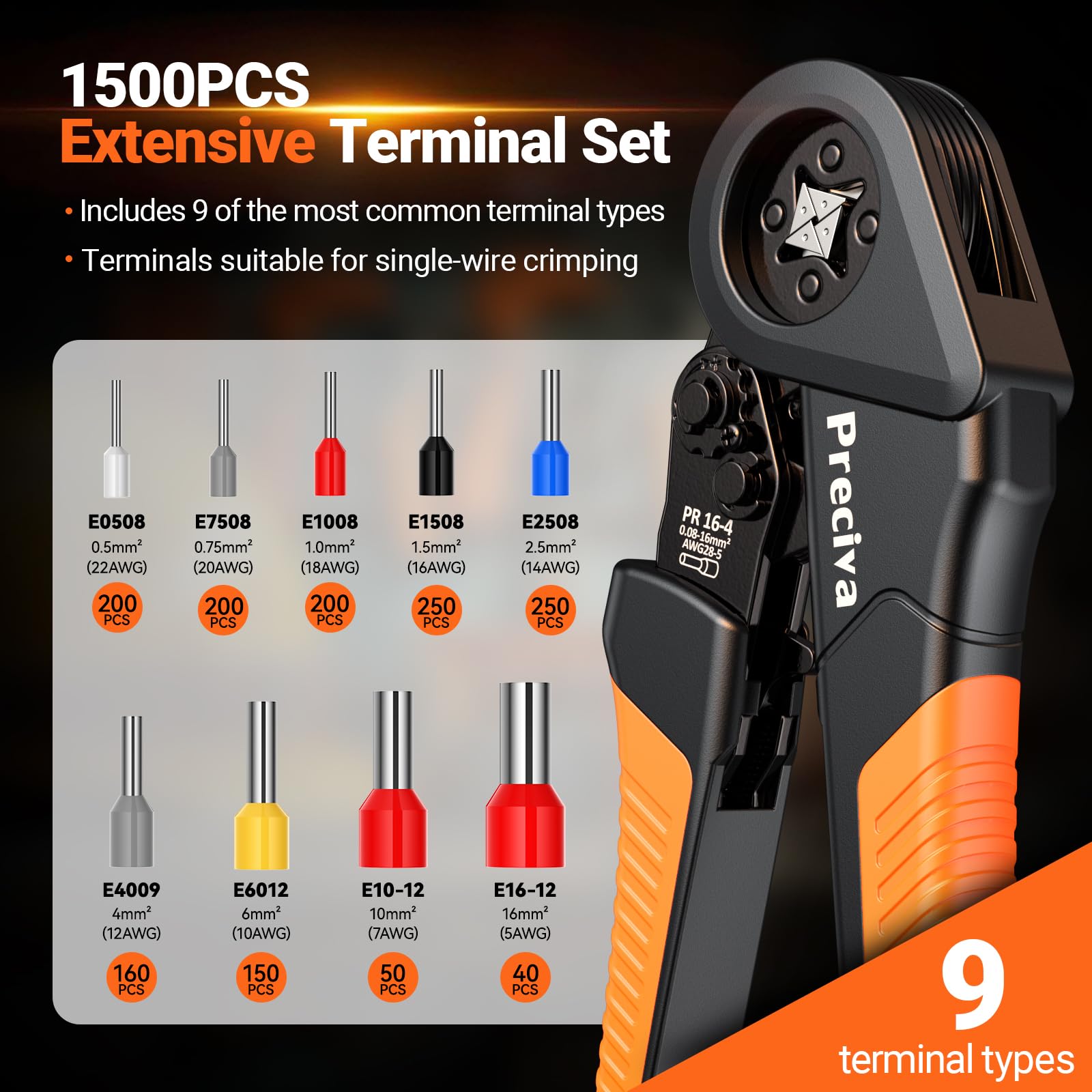 Pinza Crimpatrice con 1500pezzi，Capicorda da 0,08-16mm² ， Regolabili，Pinza Capicorda， Crimpatrice Puntalini，Terminali Elettrici A Crimpare， Kit Elettricista Per Uso Industriale E Fai-Da-Te