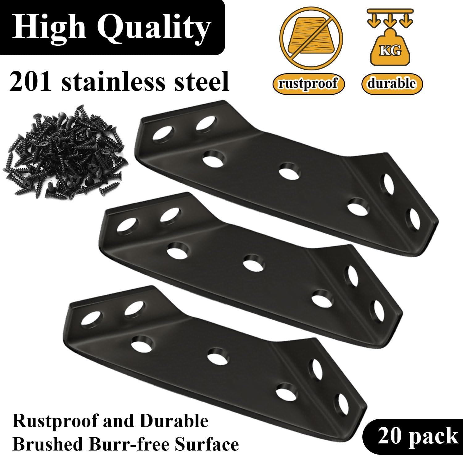 20 Pack Black Triangular Corner Connectors for Wood, Universal Furniture Brackets, Hardware Metal Corner Braces with Screws, for Wood Furniture, Desk, Chairs, Shelf, Drawers, Cabinets