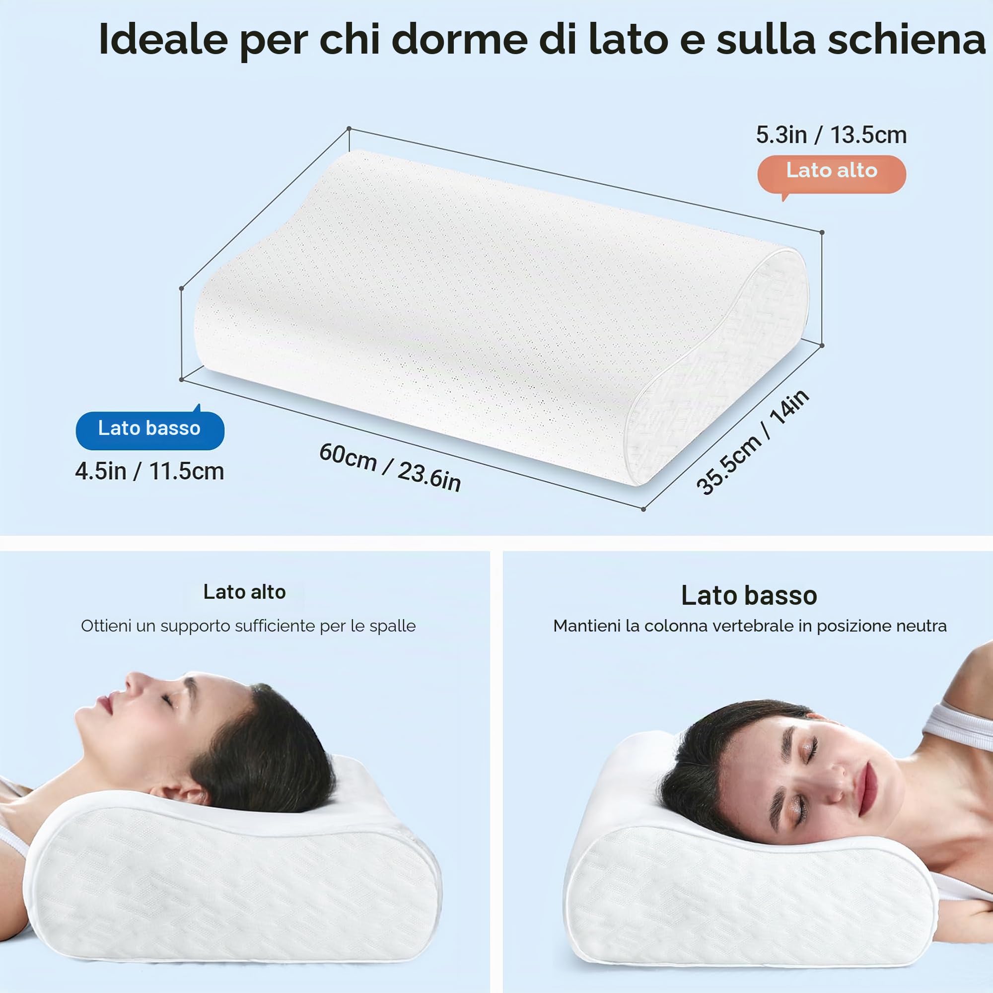Elviros Cuscino Cervicale per Dormire in Memory Foam, Cuscino Ortopedico Ergonomico Altezza Regolabile, per Dormire su Fianco e Schiena con Fodera Traspirante Rimovibile, 60×35.5×13,5/11.5cm | Cuscino ergonomico a sandwich per chi dorme sul fianco/schiena