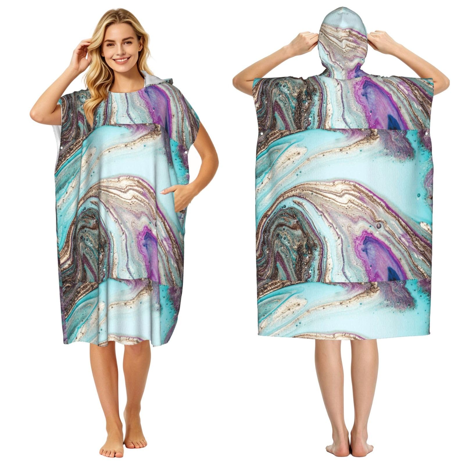Poadnly Rainbow Agate Geode Rock, Adult Hooded Beach Towel 90 x 110 cm,Changing Bath Robe, Surf Poncho Towel For Women Men