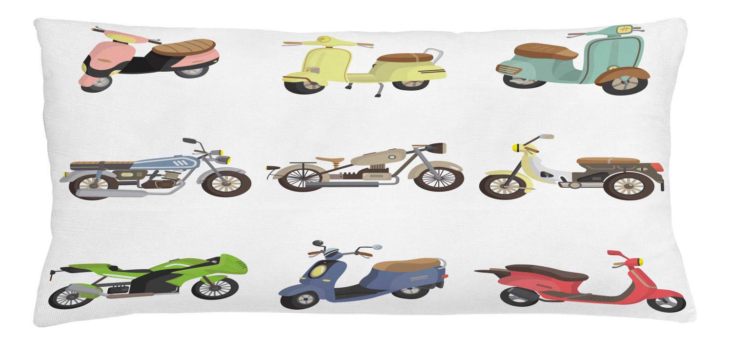 Lunarable Motorcycle Throw Pillow Cushion Cover, Group of Different Type of Sport Motorbike Diverse Vehicle in Faded Colors, Decorative Rectangle Accent Pillow Case, 36