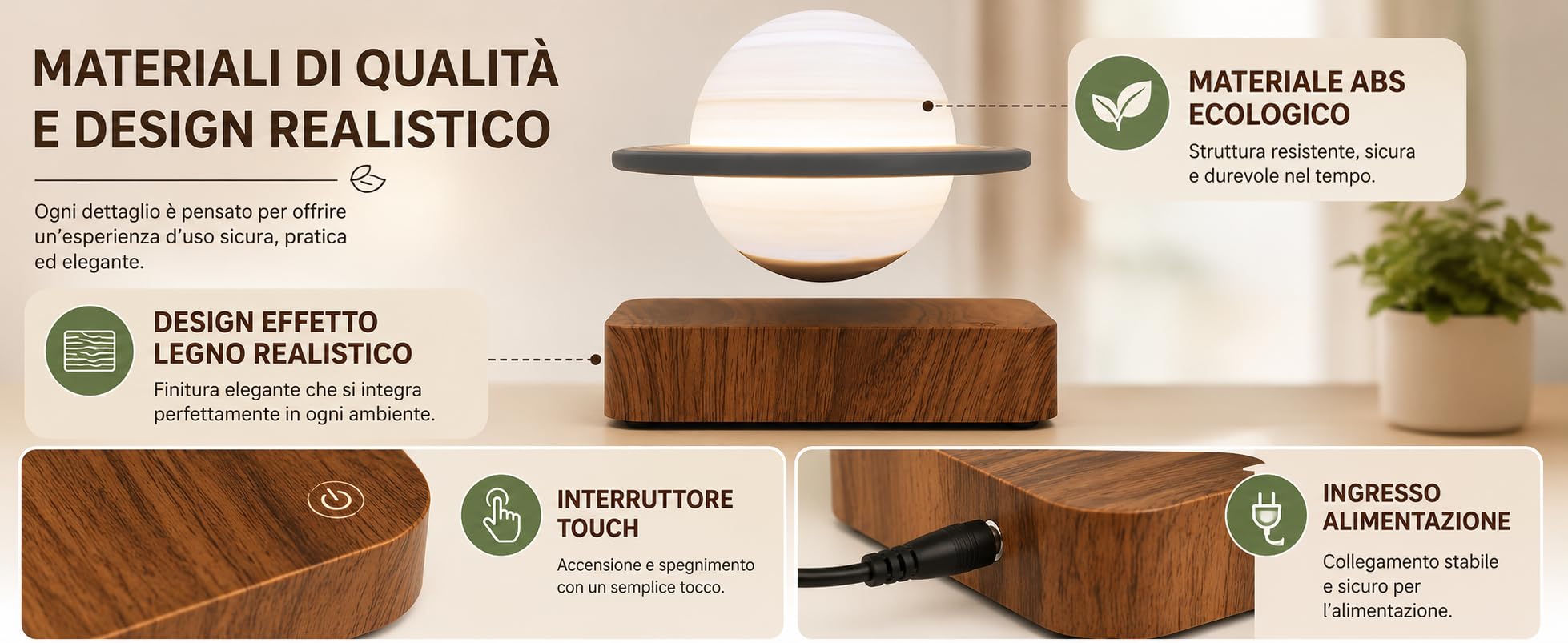 NLIGHTING Lampada Saturno a Levitazione Magnetica LED 3D, Lampada Fluttuante con Rotazione 360°, Luce Notturna Decorativa con Base in Legno, Lampada da Tavolo per Camera, Ufficio, Soggiorno