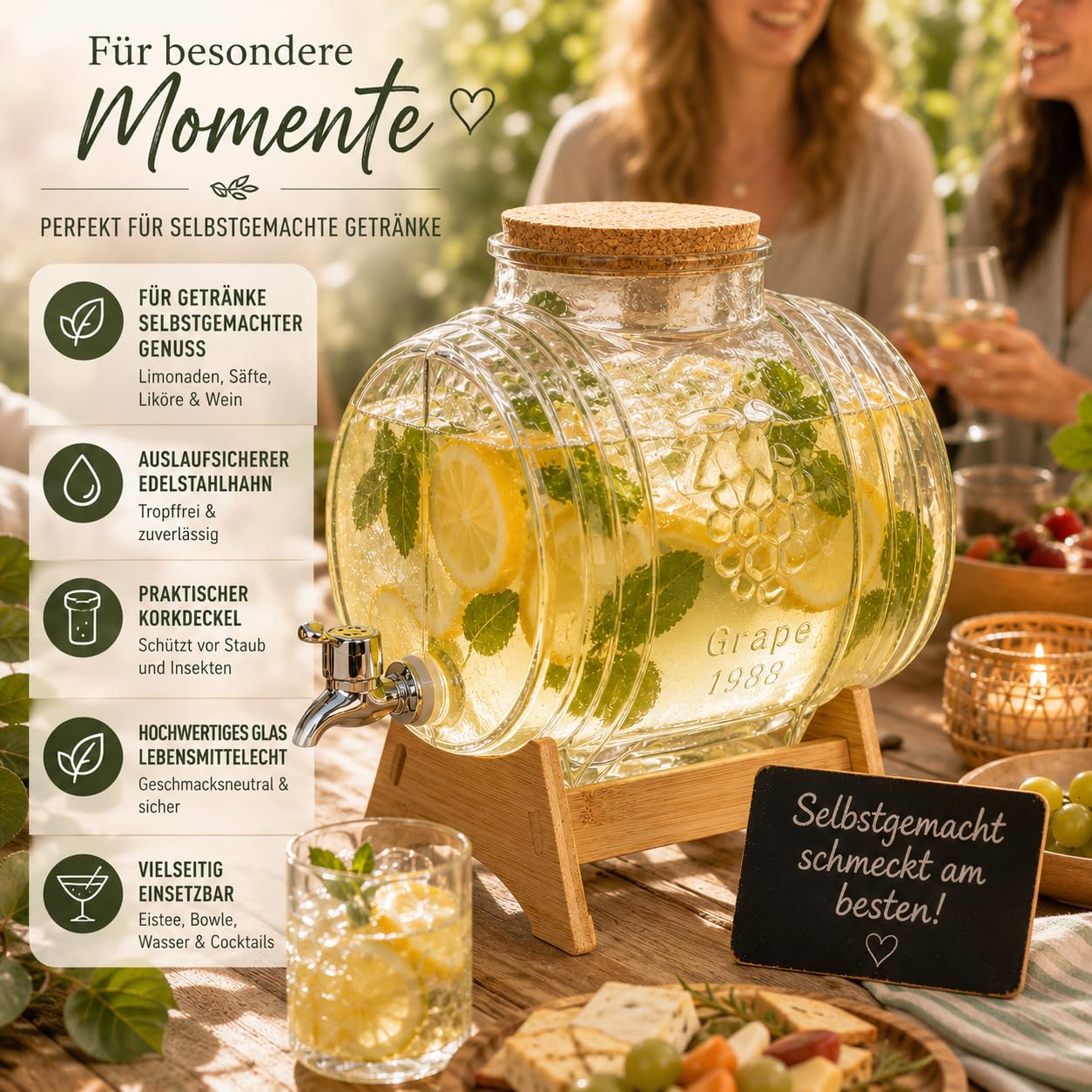 Getränkespender Glas mit Zapfhahn und Holzständer, Glasfass mit Korkdeckel, Limonadenspender für Party, Hochzeit, Garten, Grillabend, Saft, Eistee, Bowle, Likör und Wein (3L)