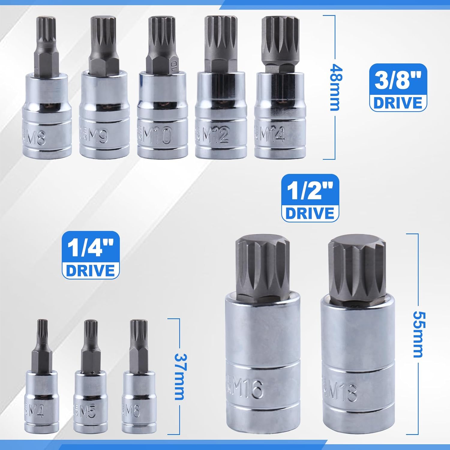 SPEEDWOX 10pcs Triple Square Spline Bit Socket Set With Enhanced Storage Case Spline Socket Bit Set Square Triple Silver Metric Size 4MM-18MM Chrome Vanadium Steel & S2 Alloy Steel