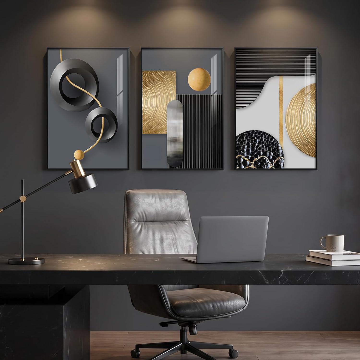 Framed Black Gold Modern Wall Art for Living Room, 3 Piece 16x24 In image 4