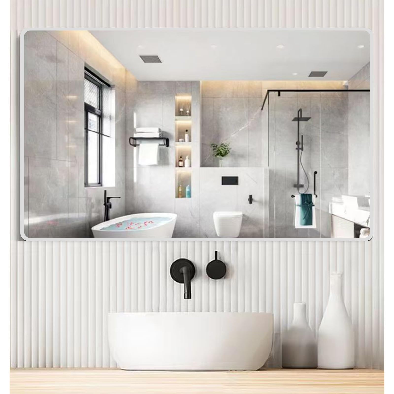 Espejo de Baño 70x90, Espejo Decorativo de Pared con Marco de Aluminio, Espejo de Esquina Redonda Sin Iluminación - Plata Blanca, 30x40cm, Ideal para Salón y Baño.