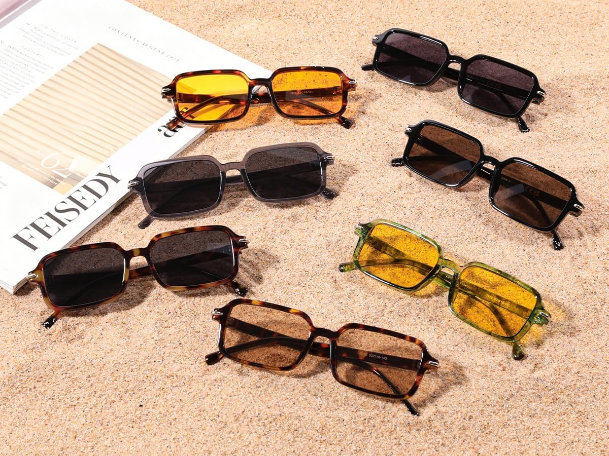 FEISEDY Trendy Rectangle Sunglasses for Womens Mens, Retro Small Narrow Thin Slim Square Sun Glasses B9178
