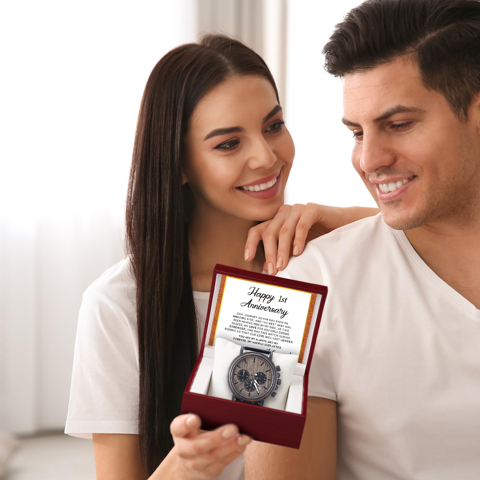 Threehoney Orologio da uomo in legno inciso, regalo per anniversario di matrimonio, ricordo per marito, per fidanzato