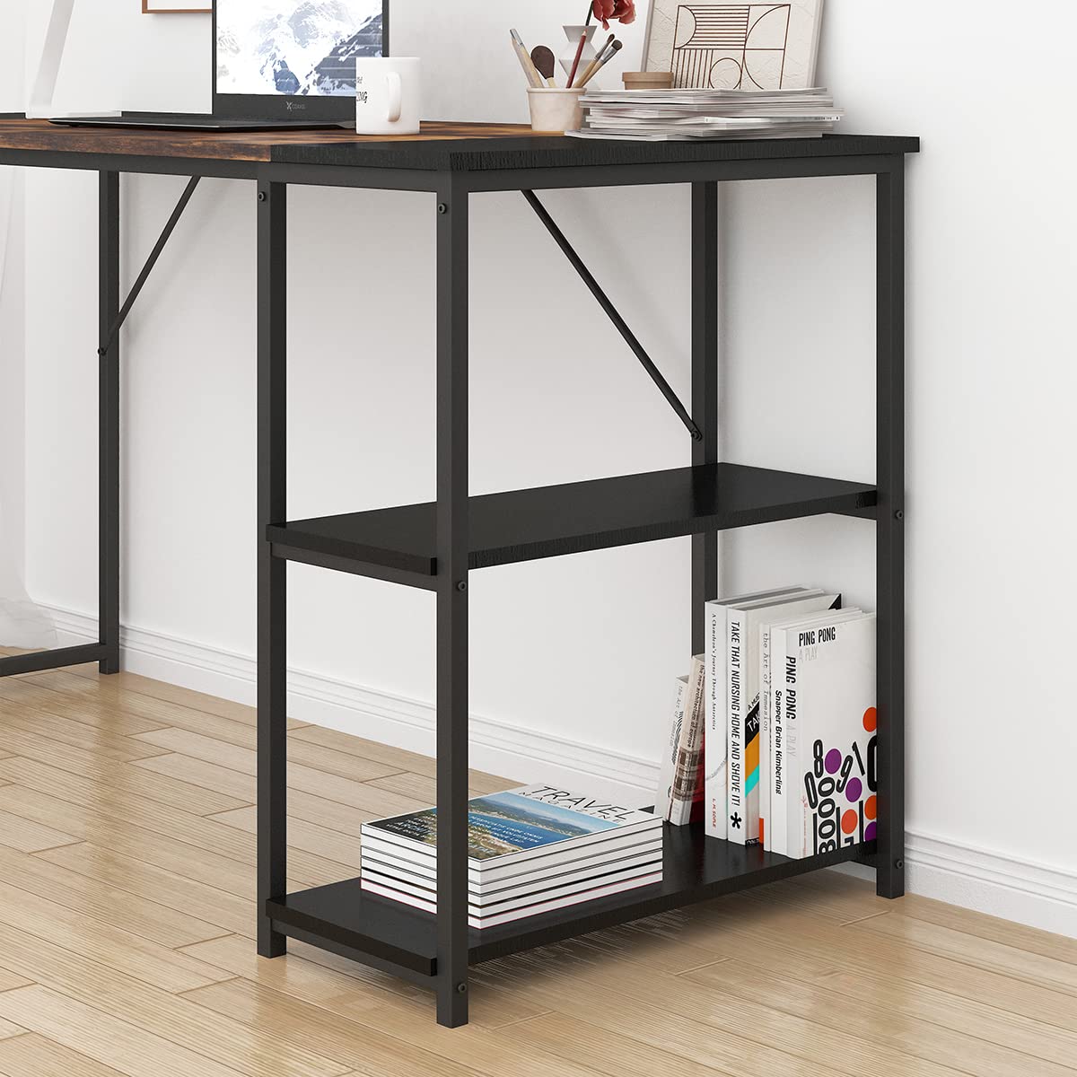 FurnitureR - Mesa de Dibujo Industrial (120 cm, Bandeja Bicolor, Retro, marrón y Negro, 2 estantes Laterales para Suministros, Ajuste de Altura, Ideal Taller, creación o Oficina en casa