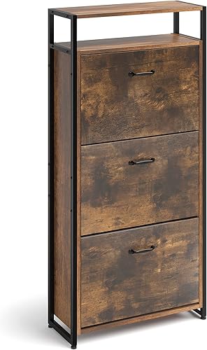 HAIOOU Zapatero industrial de 3 cajones, zapatero de madera independiente, soporte organizador de almacenamiento delgado con puertas abatibles,