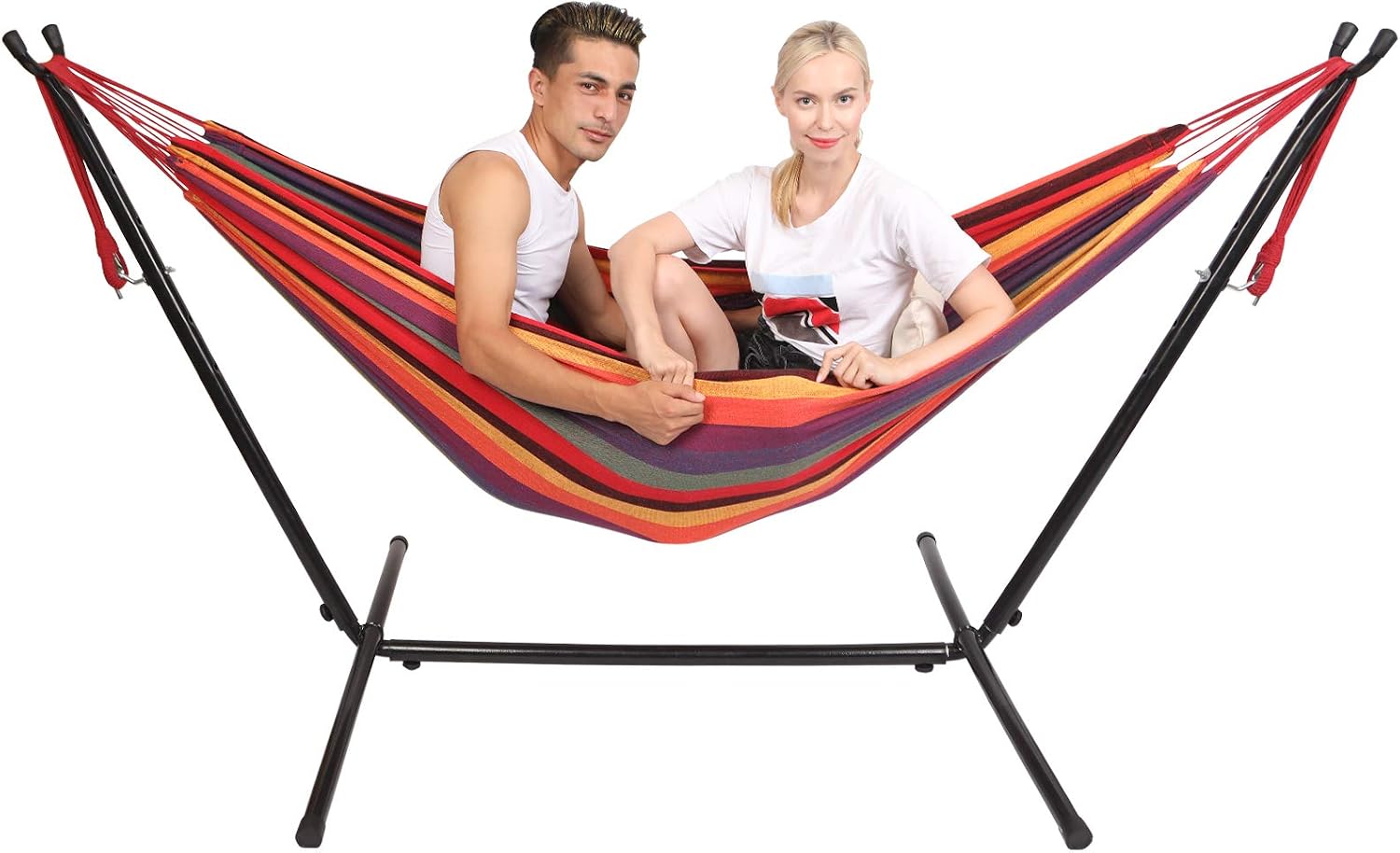 Kanchimi Hammock with Stand,Max Load 450lbs,Portable Double Hammock for para Patio,Indoor Outdoor Hammock with Stand 2 Person Heavy Duty,Premium Carrying Case Included(Rainbow)