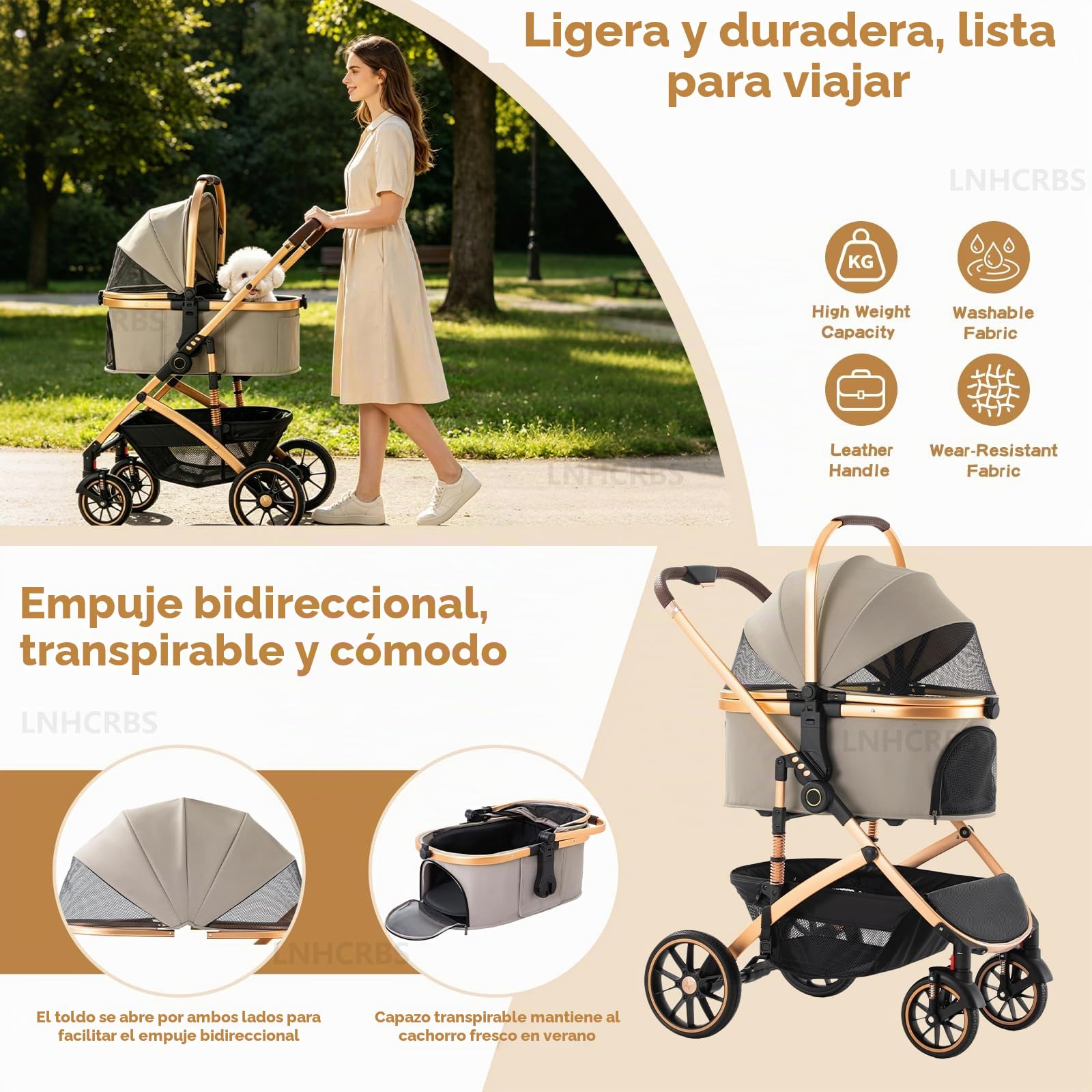 Carro Perro-Un Práctico Carrito Para Perros y Carro Para Perros con Cesta Desmontable, Chasis de Aluminio (Hasta 22 Kg)-Plegado en Un Paso, Gran Cesta-Para Mascotas Pequeñas/Medianas,Khaki