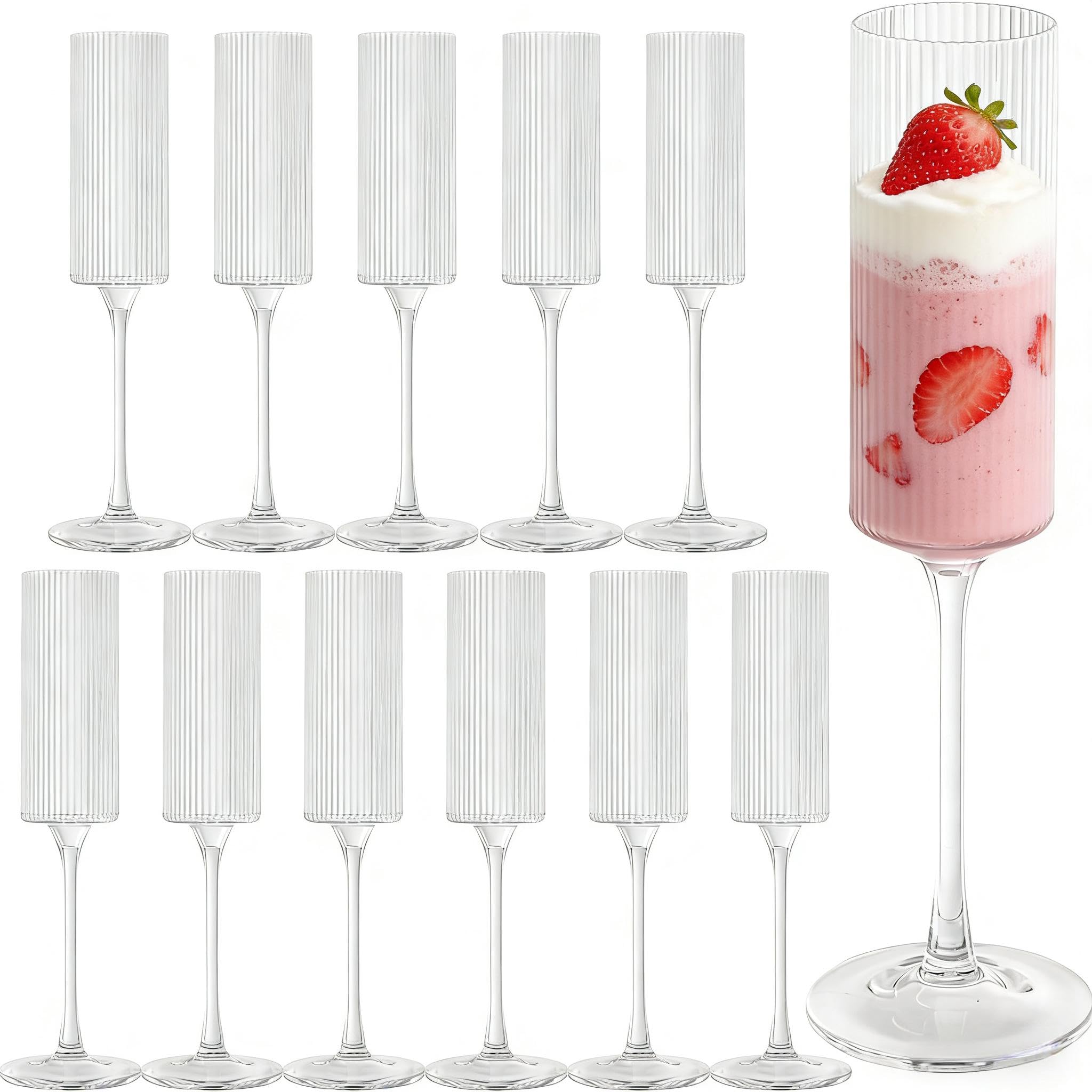 Photo 1 of 12Pieces Clear Plastic Wine Glasses 6OZ Ribbed Champagne Flutes Mimosa Bar Toasting Glass Champagne Long Stem Vintage Drinking Colored Glasses,Plastic Goblets for Wedding Cocktail Cups,Cava,Prosecco