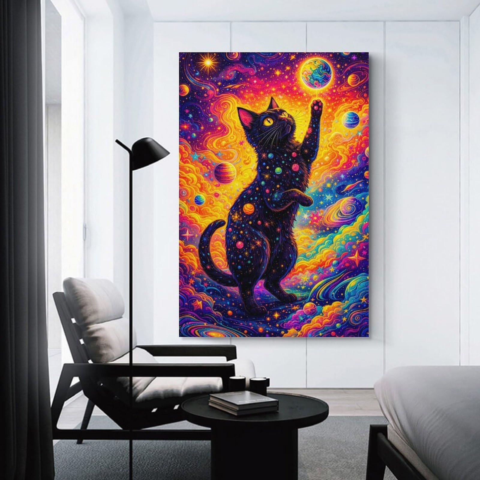 Junmoney Unframe-Style-22 Cosmic Cat Playing With Planet Home Decor Wall Art, 24X36inch(60X90cm), For Calm Bedrooms, Home Corners Or Flats, Canvas Wall Decor For Personal Spaces