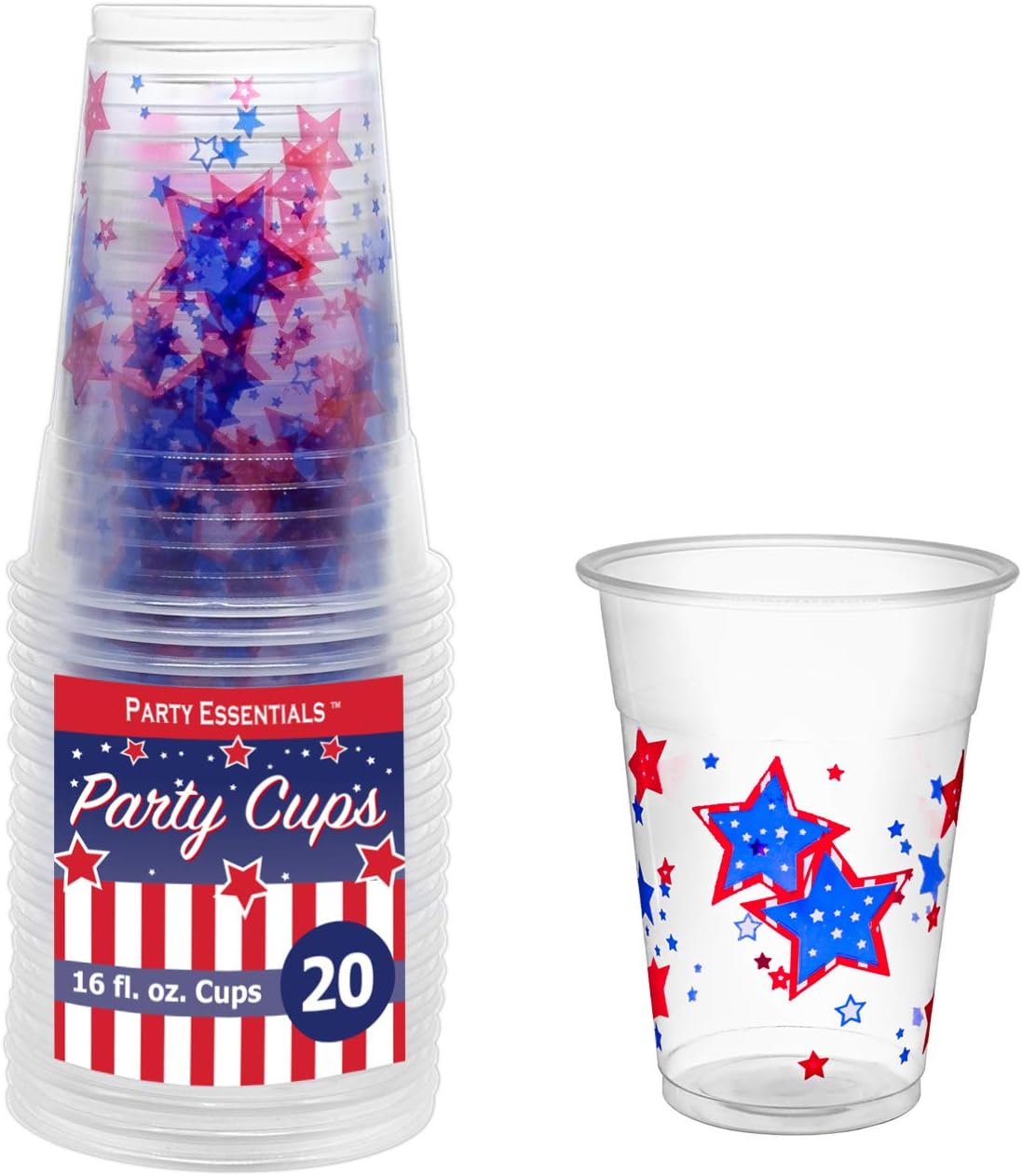 Party Essentials Party Supplies 16-Ounce Printed Plastic Cups, Patriotic Stars, 20-Count