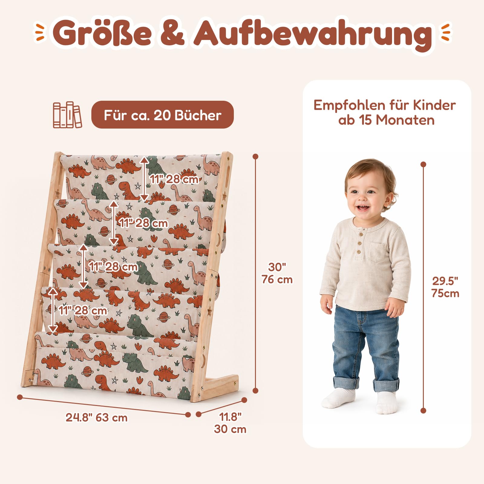COSYLAND Bücherregal Kinder aus Kiefernholz, 4 Tiefe Fächer für Übersicht