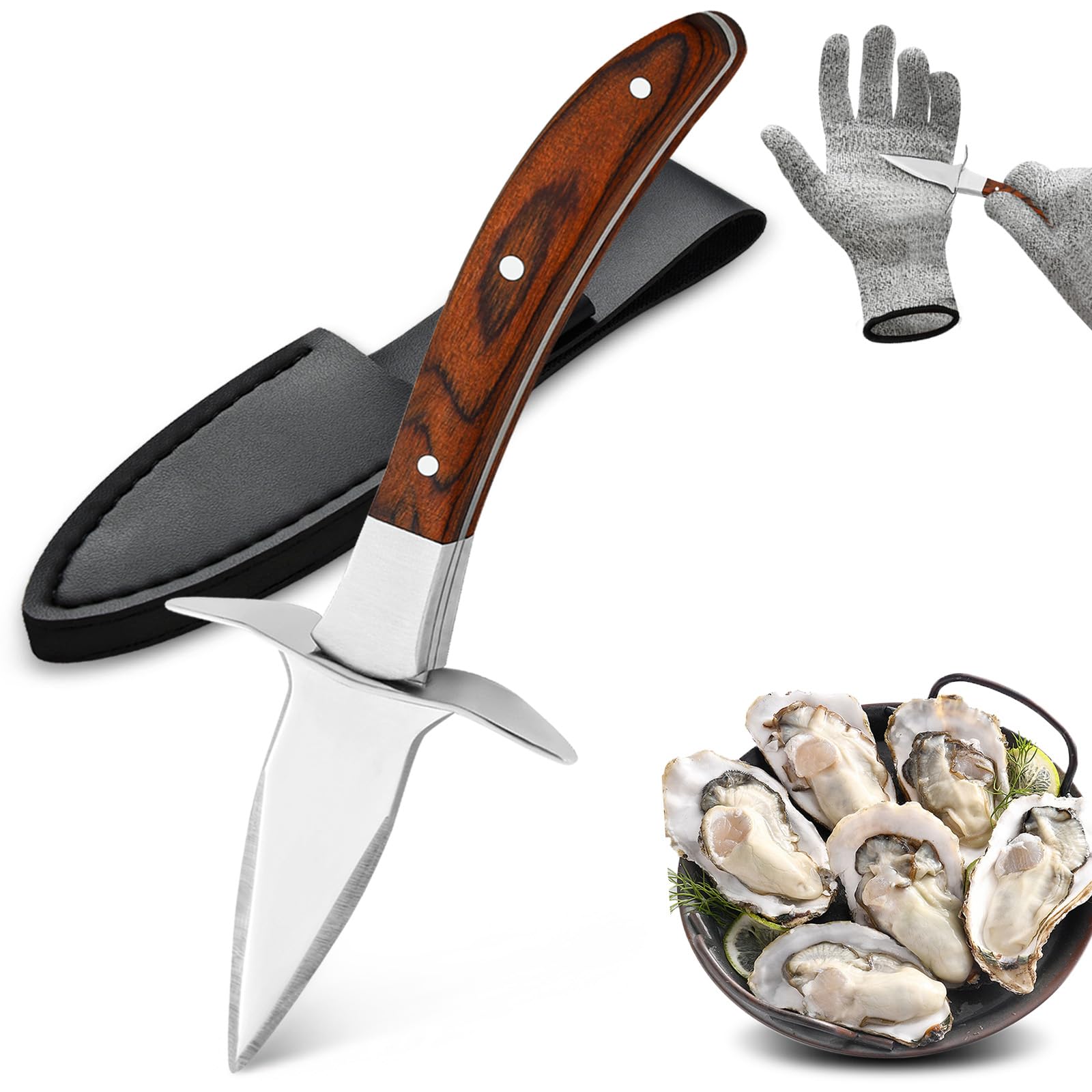 Set di Coltelli per Ostriche coltello per ostriche con maniglia in legno, 2 guanti anti - taglio (taglia L) e apriostriche in acciaio inossidabile - ideale per vongole