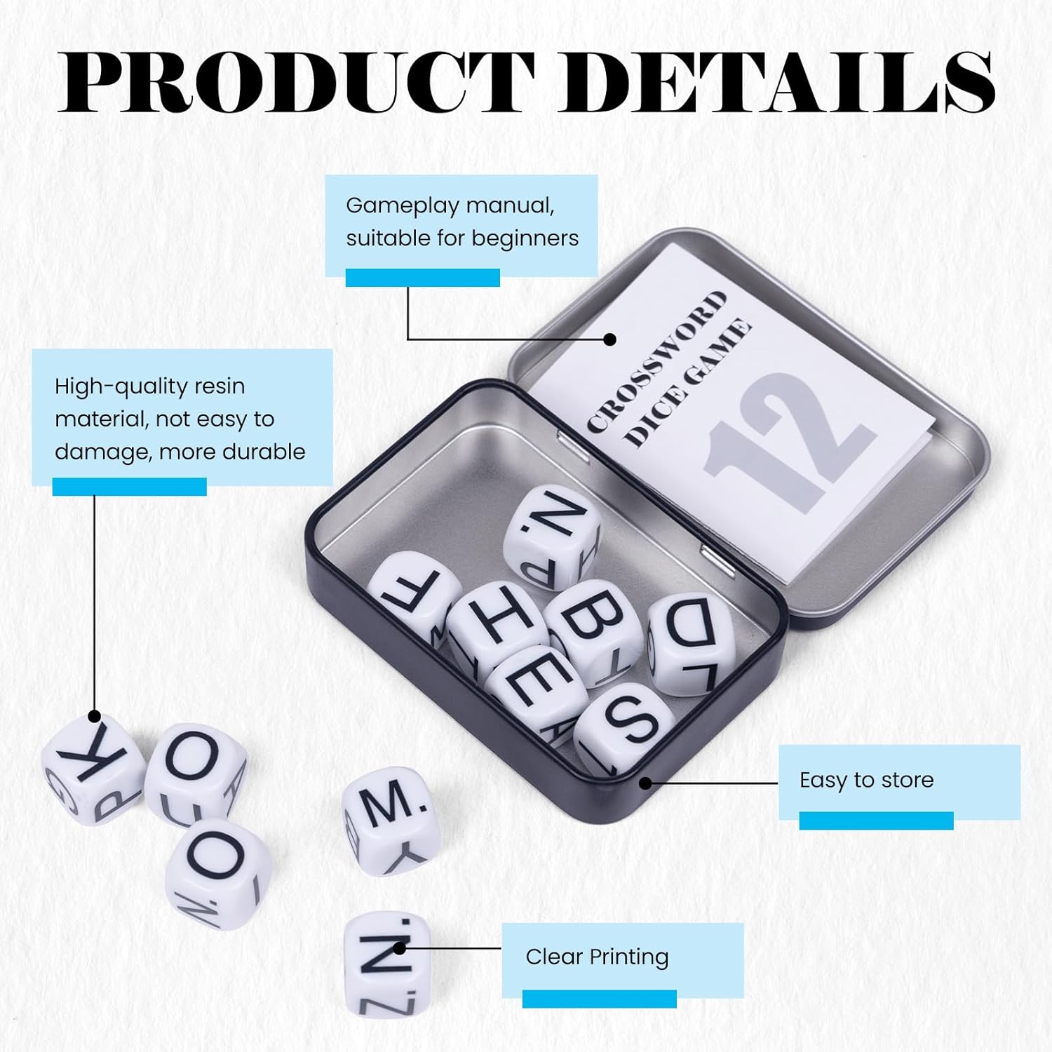 12Pcs Crossword Dice Game Set, Word Spelling Dice Games,Travel Alphabet Spelling Board Game with Storage Case,Fun for Game Night Festive
