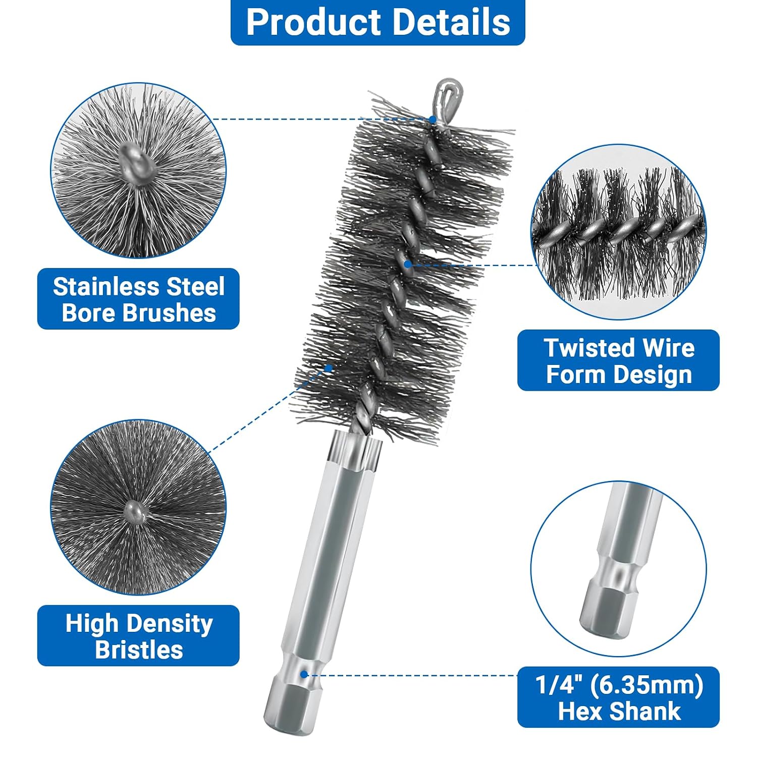 Wayona 12PCS Sizes Stainless Steel Bore Brush Set (5/16"-1-3/16"), Wire Brushes for Drill Rust Removal,Drill Wire Brush Attachment for Cleaning with 1/4" Hex Shank image 3