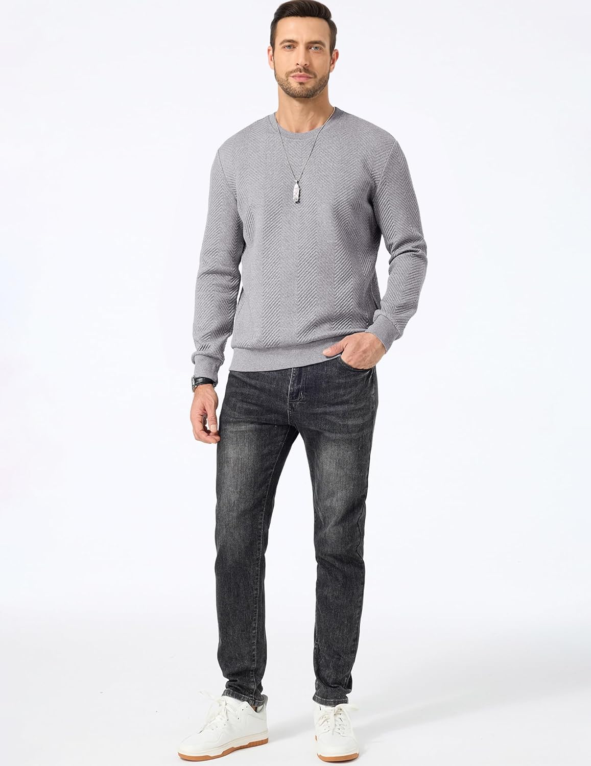 JMIERR Mens Crewneck Sweatshirt Casual Long Sleeve Texture Pullover Shirt for Men - Image 4