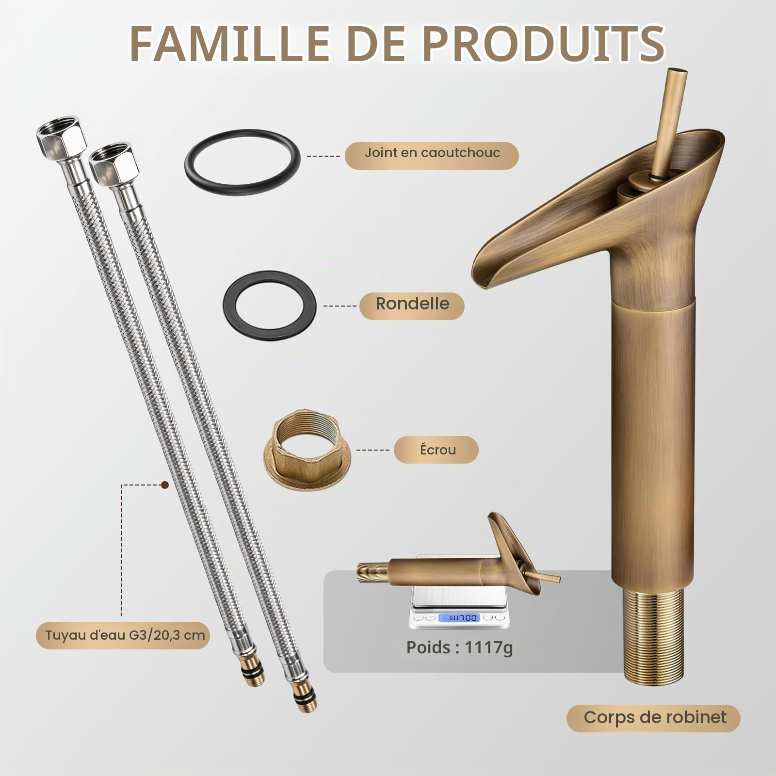 Robinet mitigeur à jet cascade et levier unique pour lavabo de salle de bains (haut)
