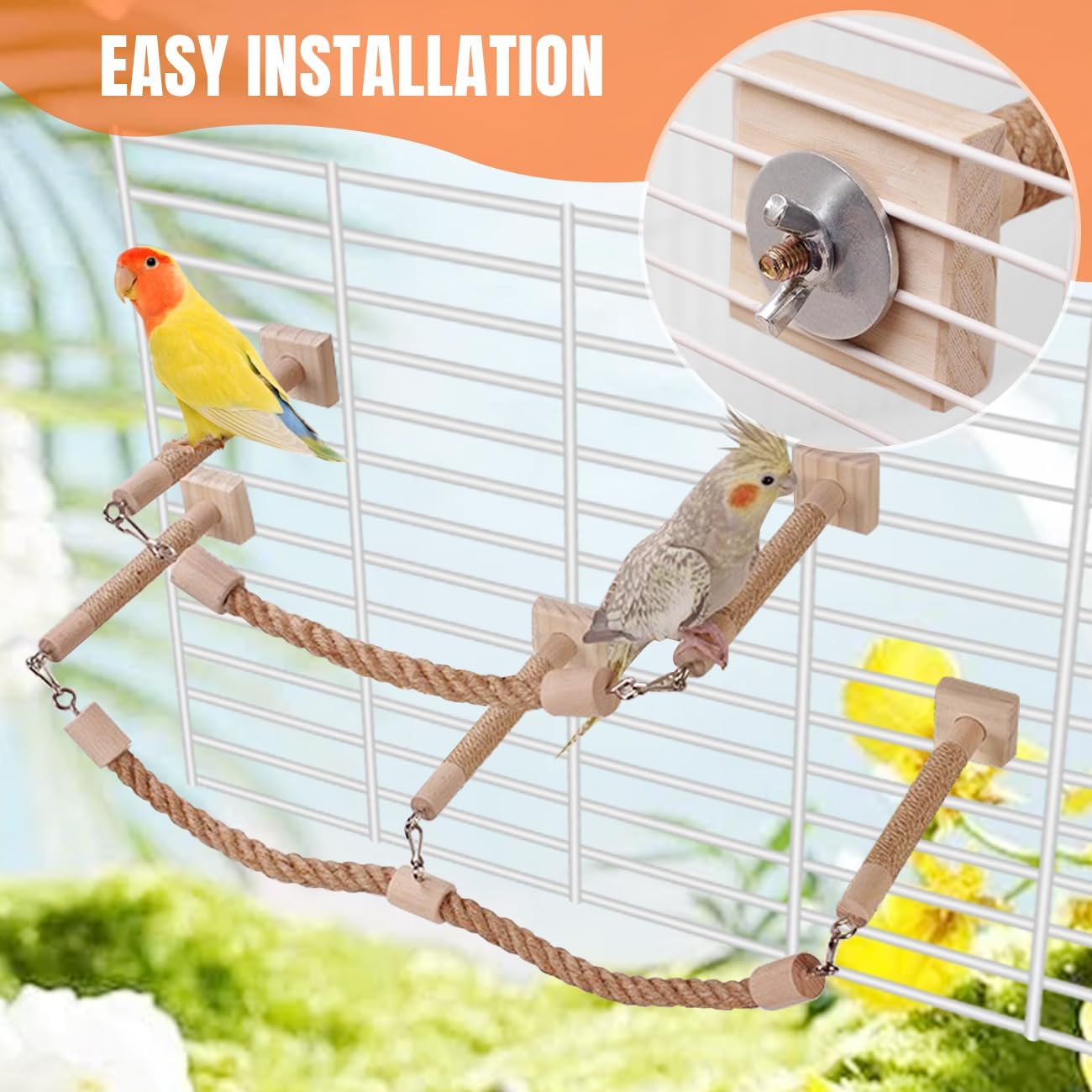 La La Pet Bird Rope Perches for Cage Natural Wood Standing Perch Hanging Bridge and Swing Interactive Birds Toys for Conures Budgies Parakeets Cockatiels Lovebirds 3-Set