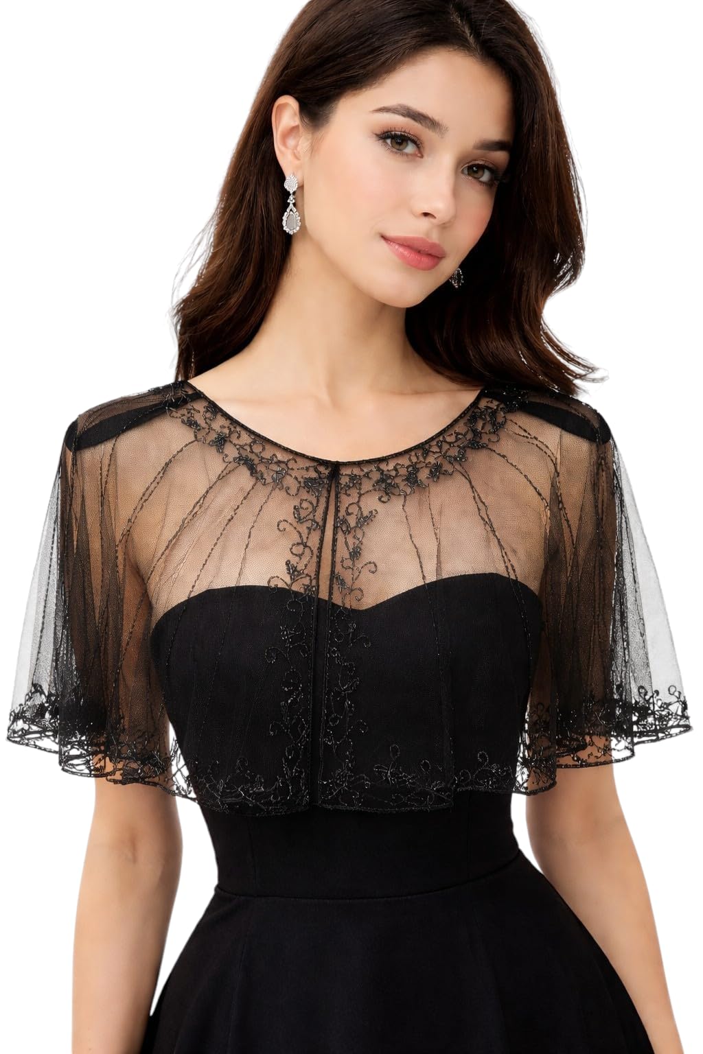 Women's Black Sheer Mesh Cape Overlay with Embroidered Lace Detail, Elegant Evening Formal Wear-picture-29