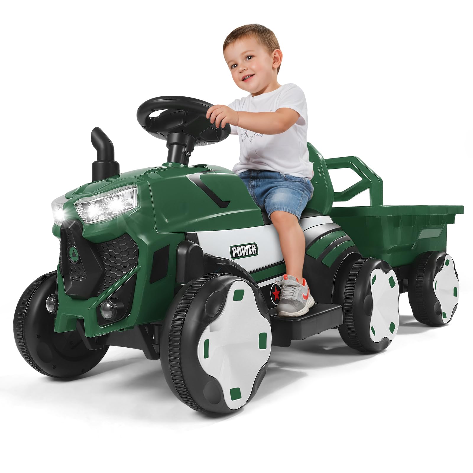 Tractor eléctrico 2 en 1 con Remolque, Luces LED, música, Funciones USB, Capacidad de Carga: 50 kg, para niños a Partir de 1-3 años (Verde Tractor)