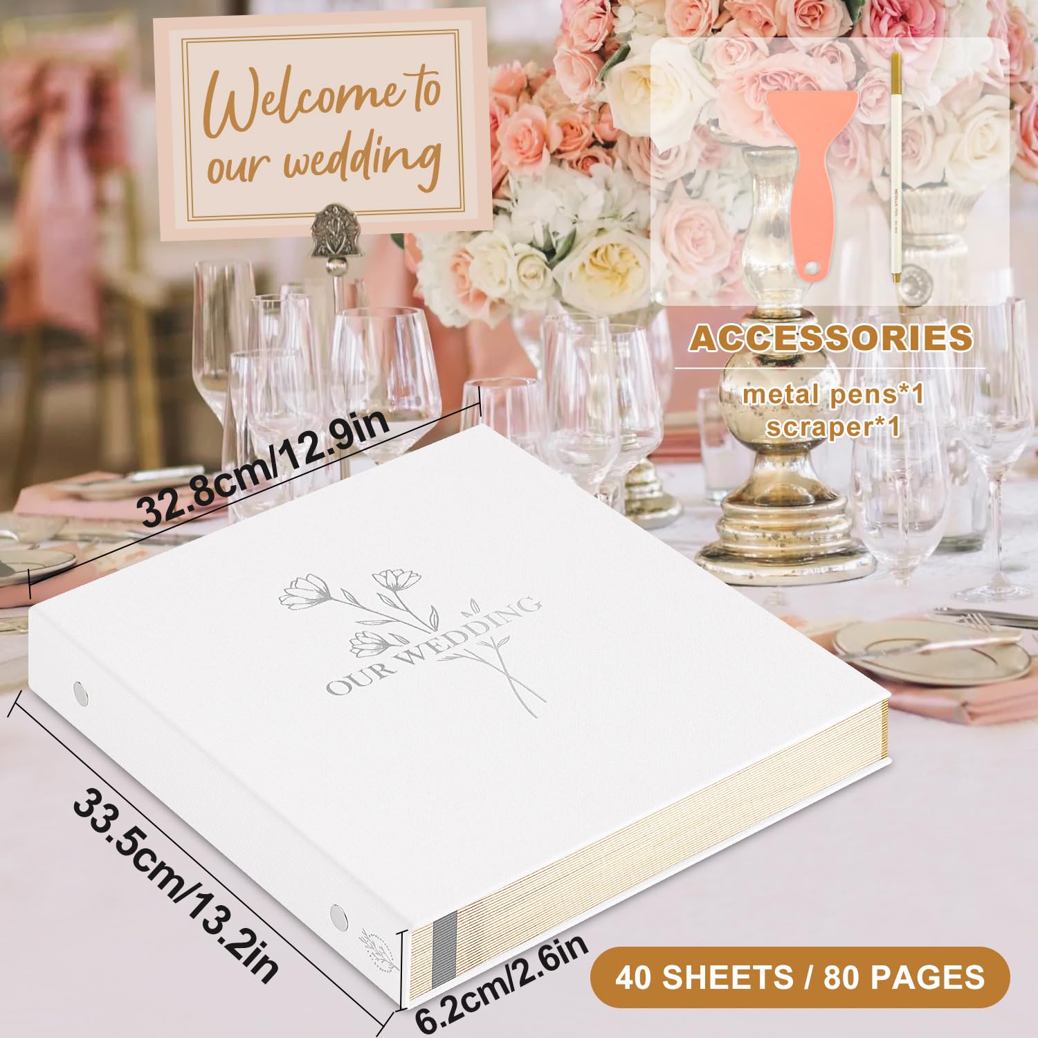 Lanpn Album fotografico autoadesivo per matrimonio, 80 pagine, in lino, pagine magnetiche adesive fai da te, contiene 15 x 10 cm, 17 x 12 cm, A4, A5, per foto di matrimonio (grande, 40 fogli, bianco)