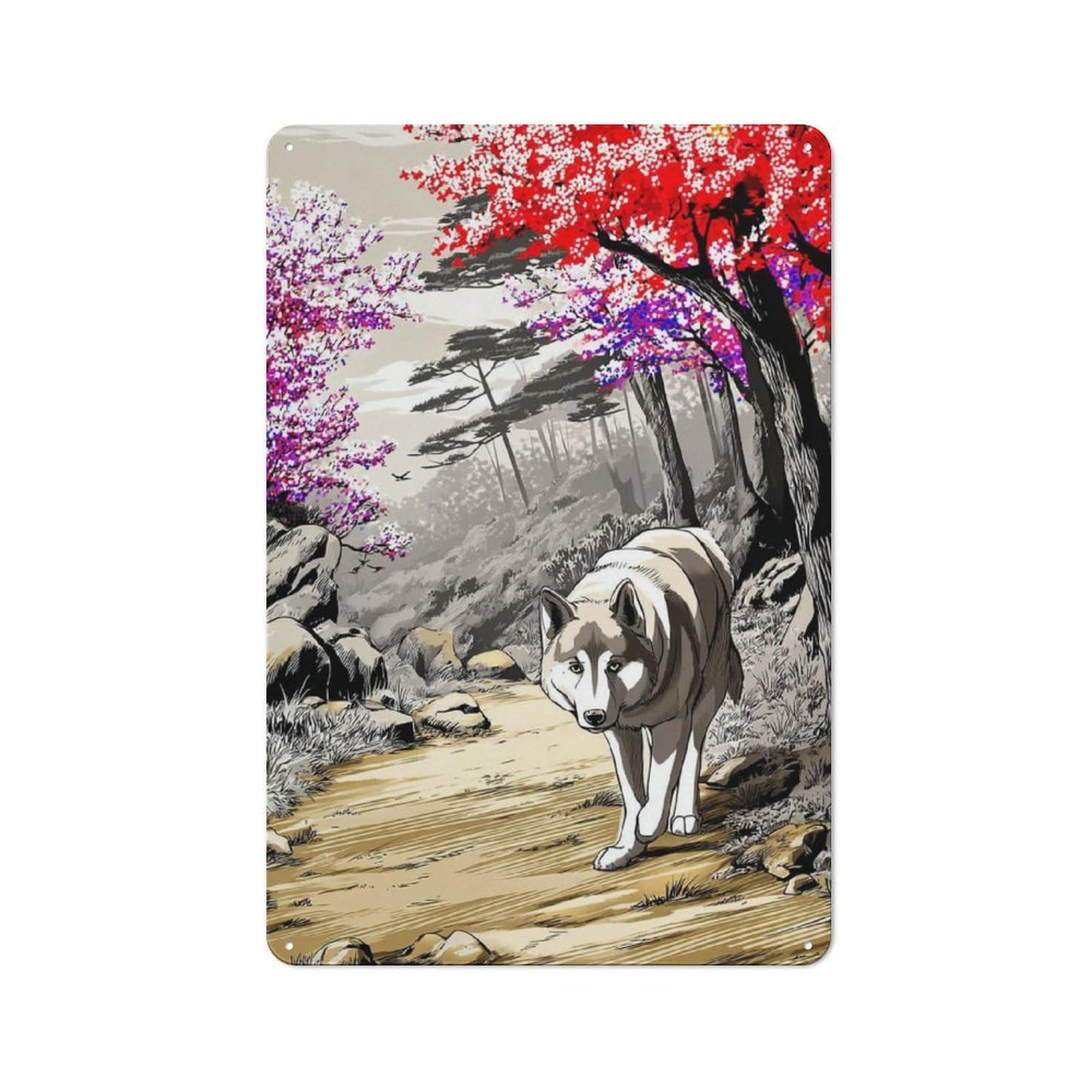 Junmoney Wolf In Autumnal Forest Retro Vintage Metal Sign 30X20cm, Small Space Decor For Hallway, Home Bar, Garage Or Study